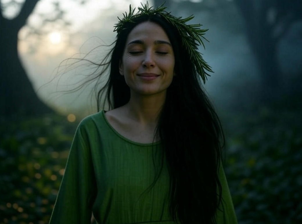 femme païenne plante magique romarin dans les cheveux